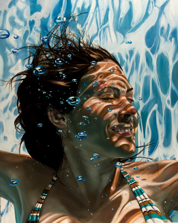 Oil painting of girl smiling underwater on canvas