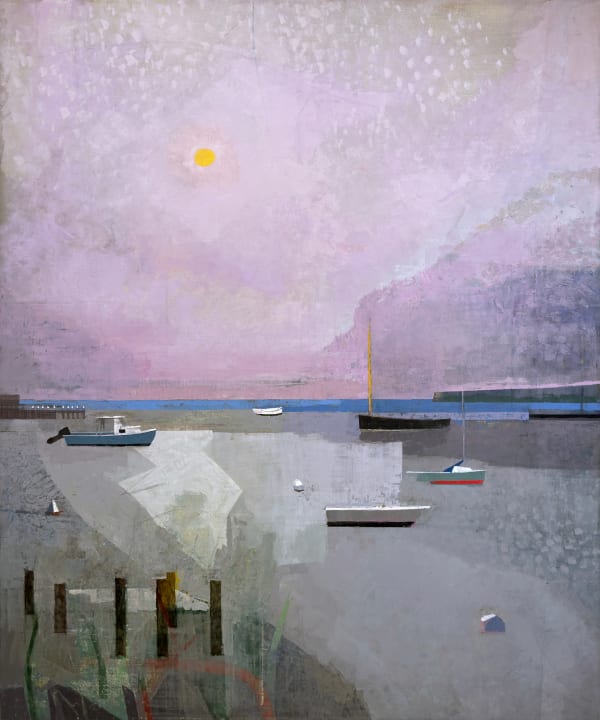 Oil painting of boats with expansive purple sky