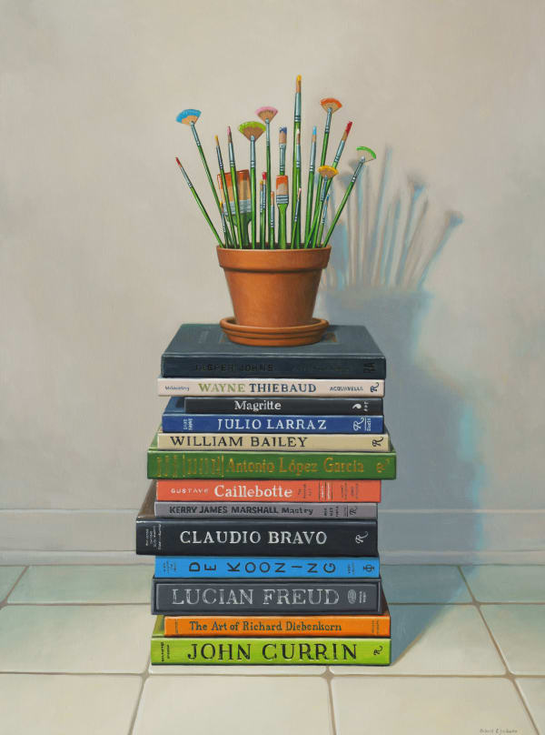 Still life painting of a flowerpot with paint brushes in it atop a stack of books