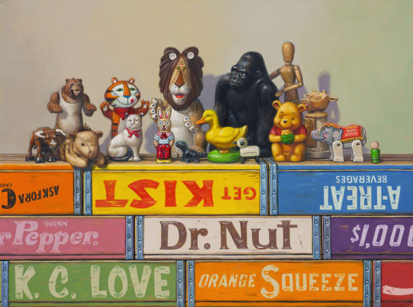 Painting of various animal figurines atop stacked soda crates