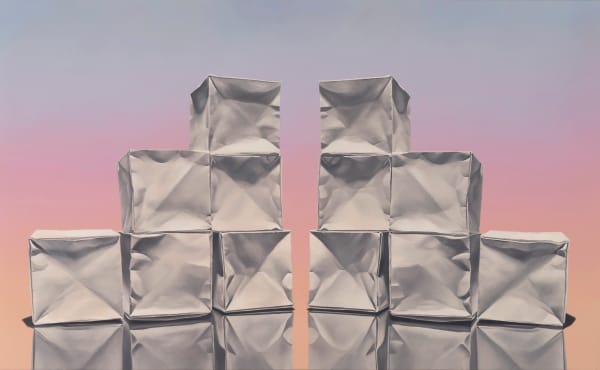 Two step structures with orange pink and purple background