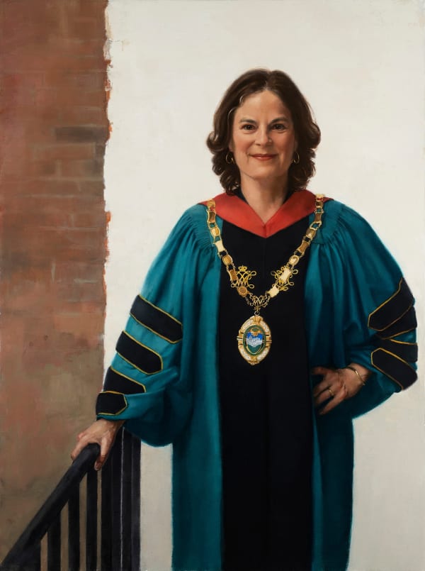 Painting of a woman with brown hair and a university necklace and teal gown