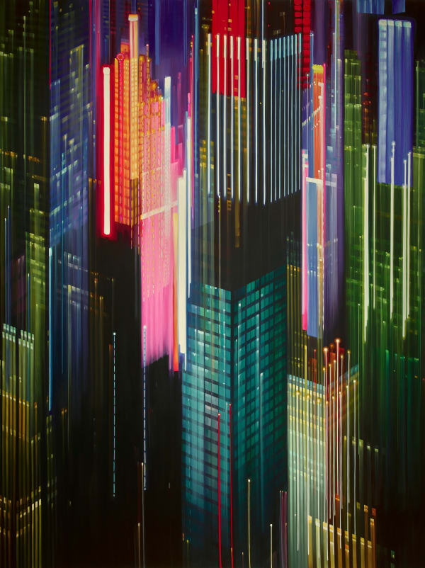 Oil painting of city at night on linen