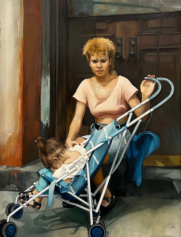 Figurative oil painting of woman with baby in stroller on linen