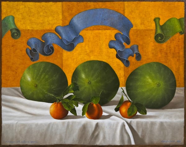 Painting of Three Watermelons with fruit and ribbon