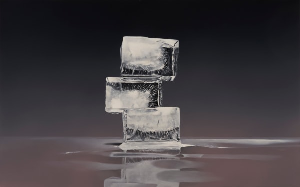 3 ice cubes stacked off center with a reddish dark background