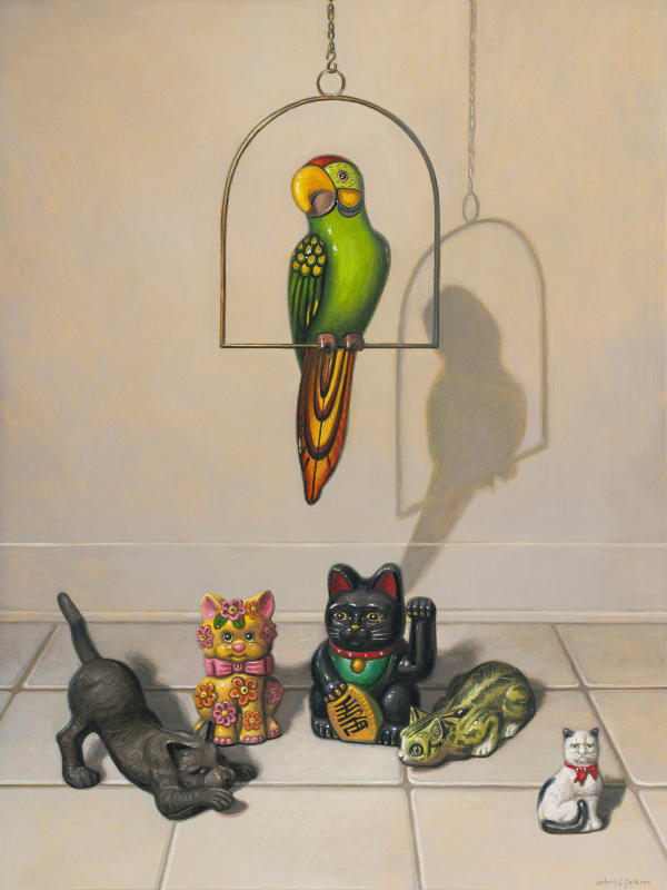 Painting of toy birds and cats