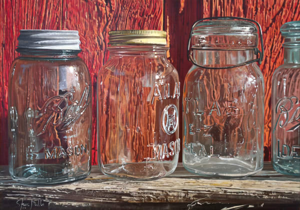 Painting of glass mason jars on a wood table in front of a red wall