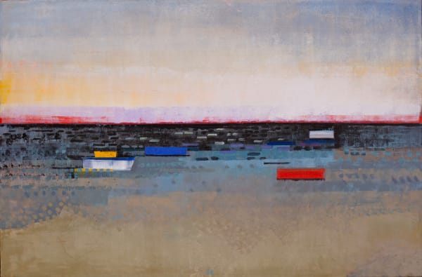 painting of abstracted beach with boats