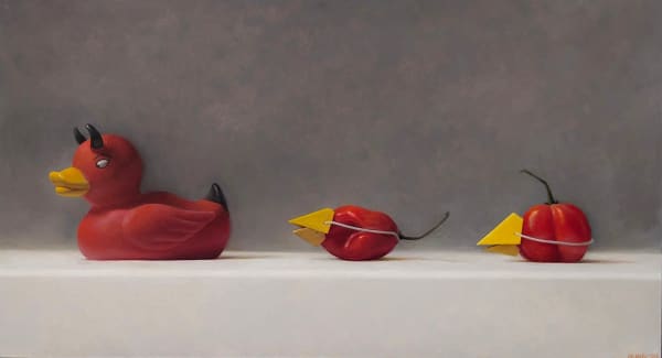 Painting of a red devil rubber duck and two habanero peppers with a paper yellow beak