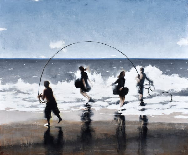 Painting of children playing in the ocean with a jump rope
