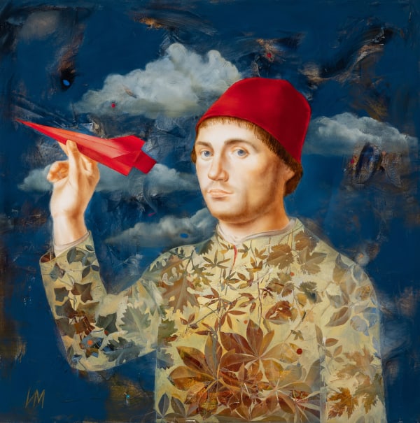 Painting of a man holding a red paper plane