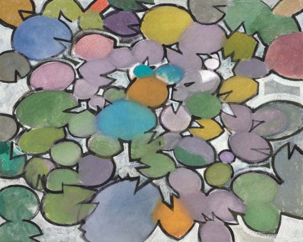 Abstract painting of colorful lily pads