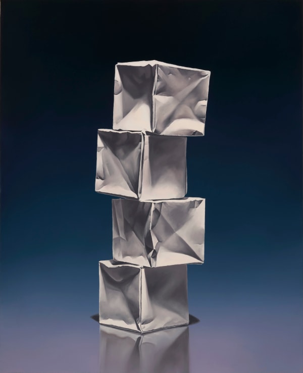 Offset column of 4 origami paper cubes with purple blue and black background
