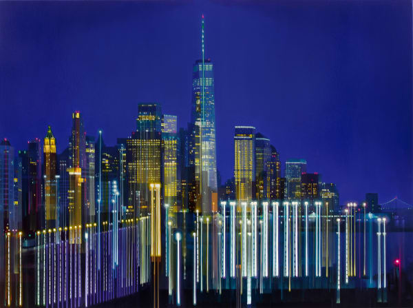 Painting of abstracted city skyline with dark blue night sky