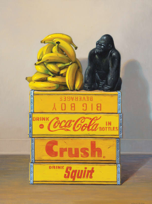 Still life painting of a gorilla with a pile of bananas on a stack of yellow crates