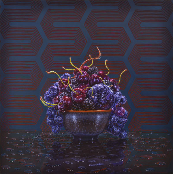 Painting of still life of dark purple fruit