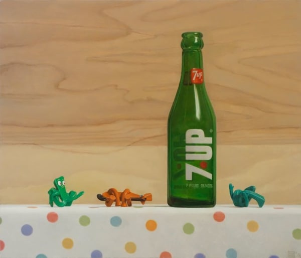 Painting of glass soda bottle with gumby figurines on polka dot table cloth