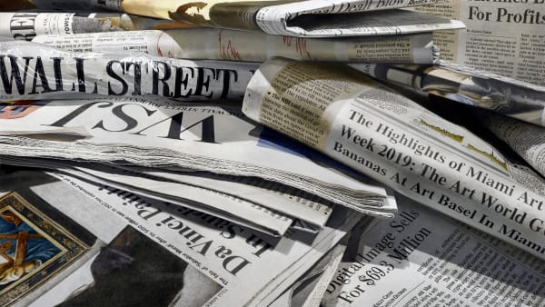 Hyperrealistic oil painting of Wall Street Journals