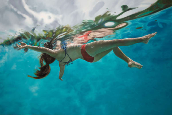 Oil painting of woman floating at surface from beneath on canvas