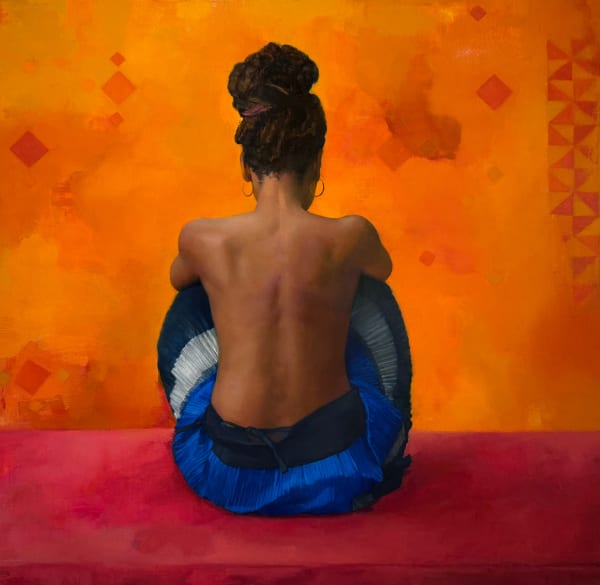 Painting of a woman with brown skin and hair in a bun sitting in a blue skirt with orange background