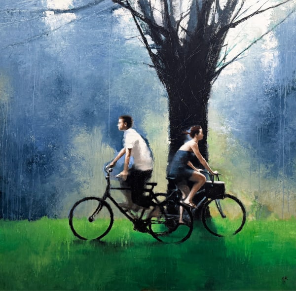 Painting of a man and woman on bikes