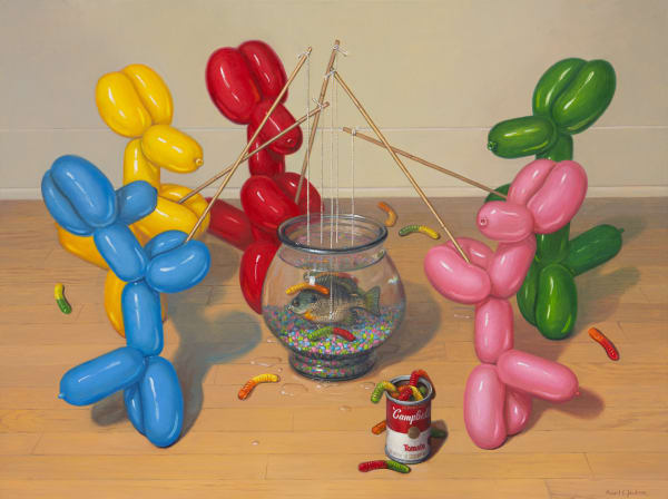 Painting of balloon dogs fishing
