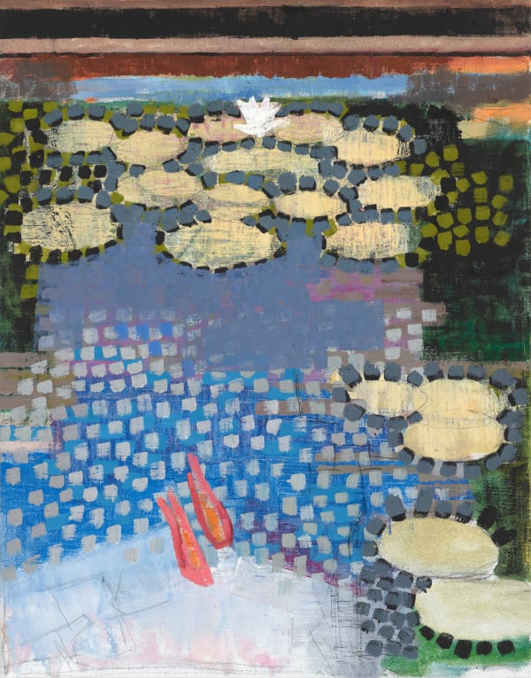 Abstracted painting of a lilypad pool with fish