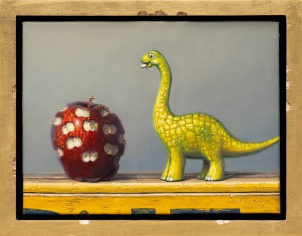 Painting of a dinosaur with a bit apple beside it, all surrounded by a bitten frame