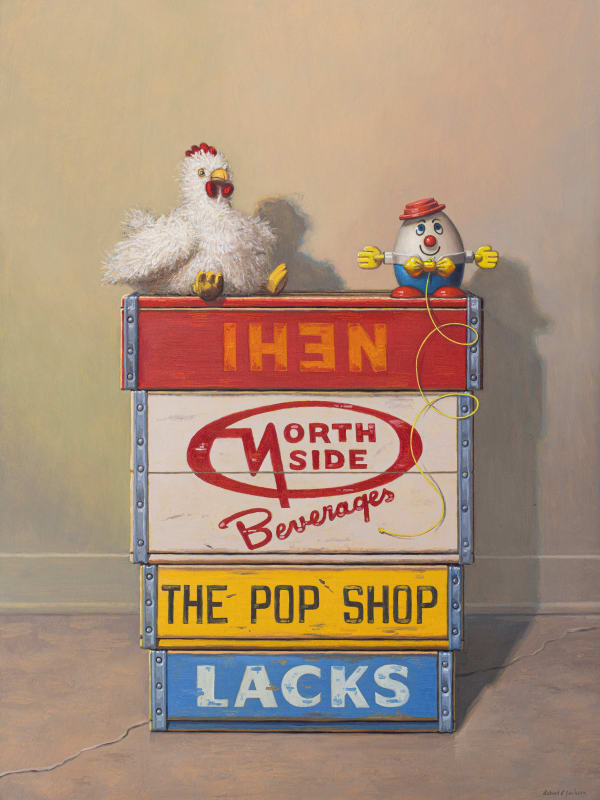 Still life painting of a toy chicken and an egg