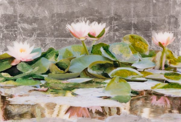 light reflects off a platinum ground to illuminate a collection of lilly pads and lotus flowers that float at eye levell in the center of the picture