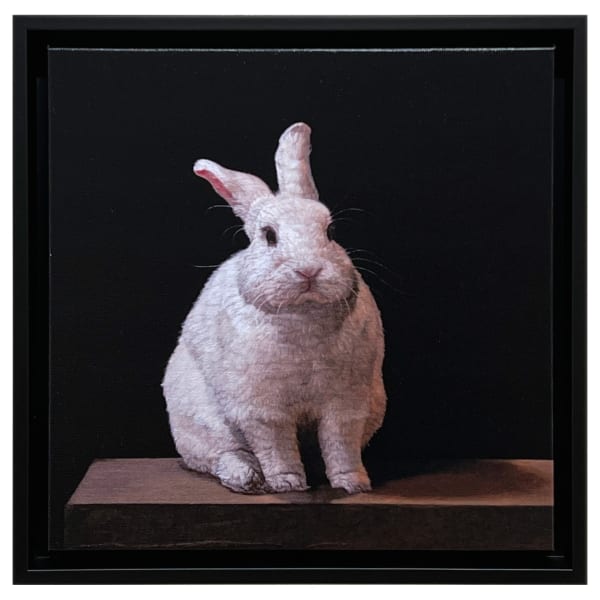 Print of a painting of a white rabbit on a ledge