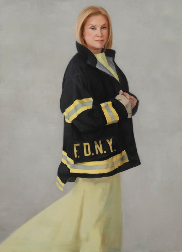 Painting of a Woman with blonde hair and a yellow skirt with a black Fire department jacket