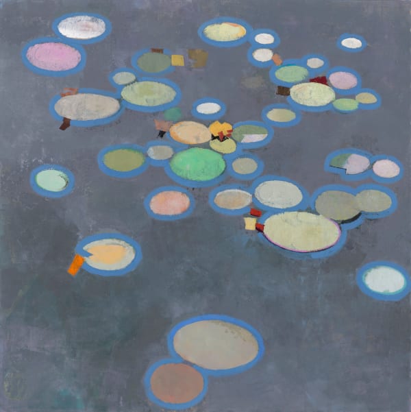 Colorful painting with ovals on grey background