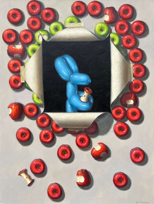 Painting of balloon dog eating an apple inside a painting of apples