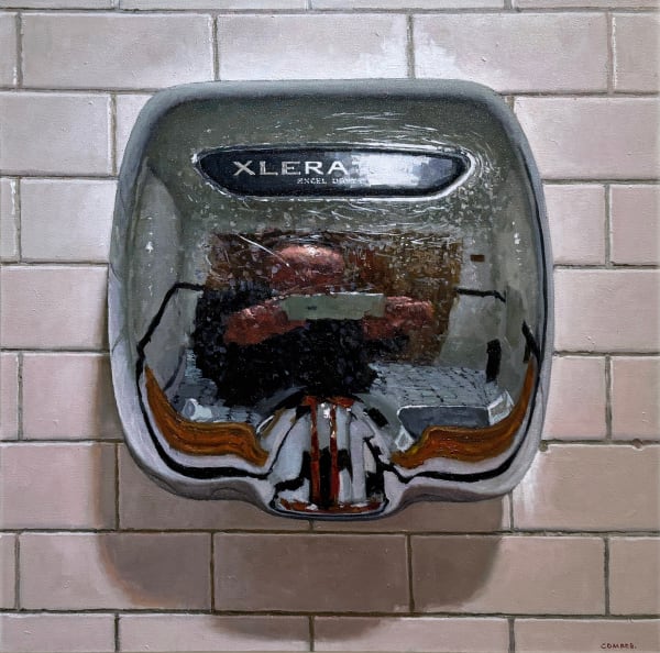 Painting of the artist reflected in a hand dryer