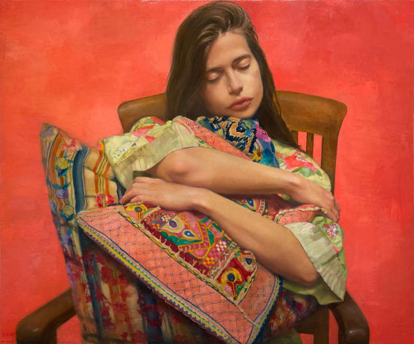 Figurative oil painting of girl sitting and clutching pillow on panel