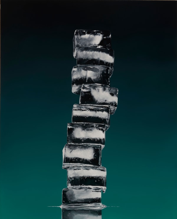 skinny stack of off center ice cubes before a green and black background