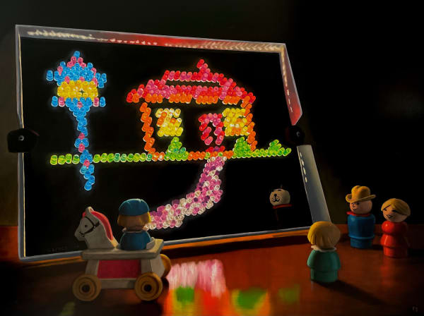 Painting of light bright board with toy figurines