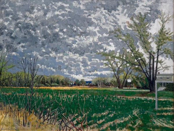 Painting of a rural landscape with a stormy sky