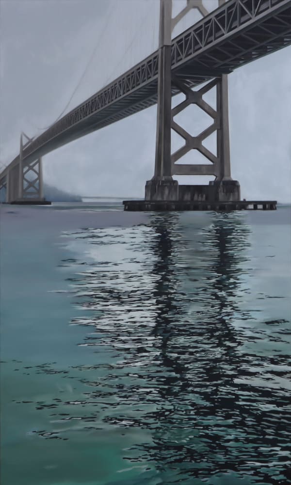 Oil painting of Bay Bridge with reflection in water on canvas