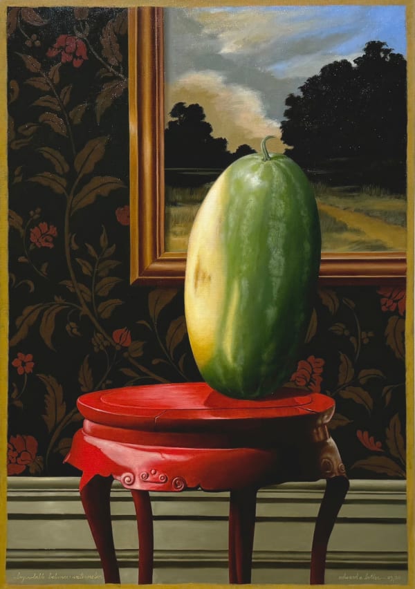 Painting of a watermelon on a red stool