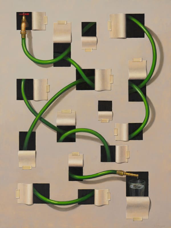 Painting of a hose winding through paper cut outs