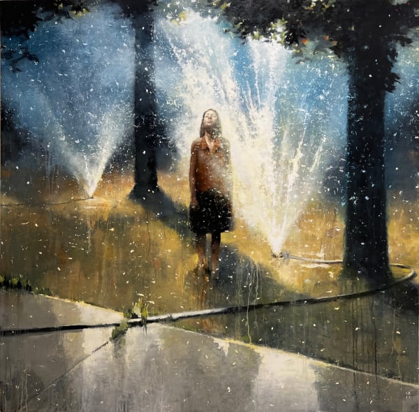 Oil painting of girl standing amidst sprinklers and trees on panel
