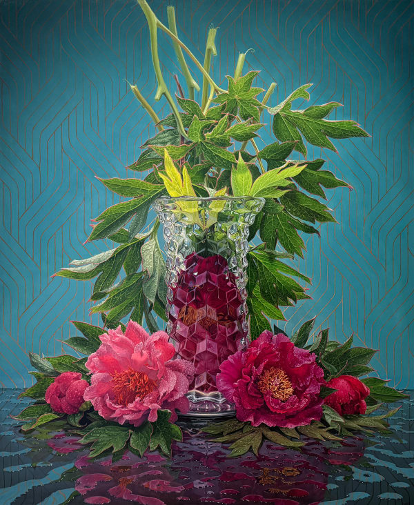 Still life painting of a bouquet of pink flowers