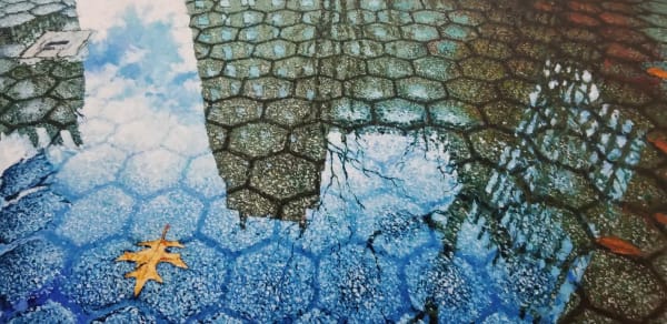Painting of a puddle with building reflecting in it