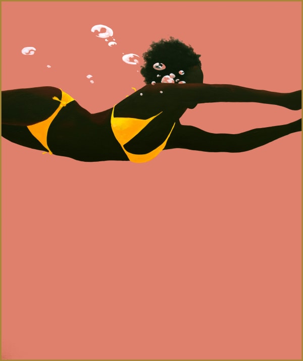 Dark skin woman swimming over a pink background