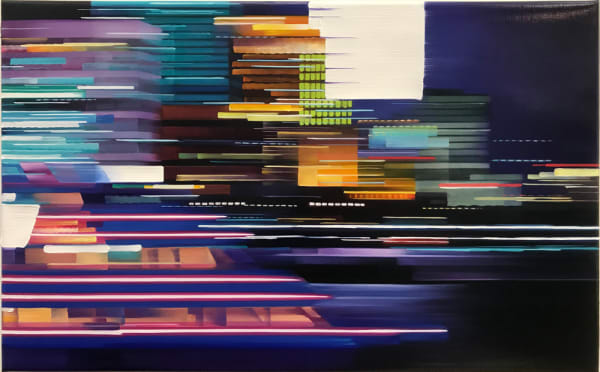 Oil painting of blurred cityscape on linen