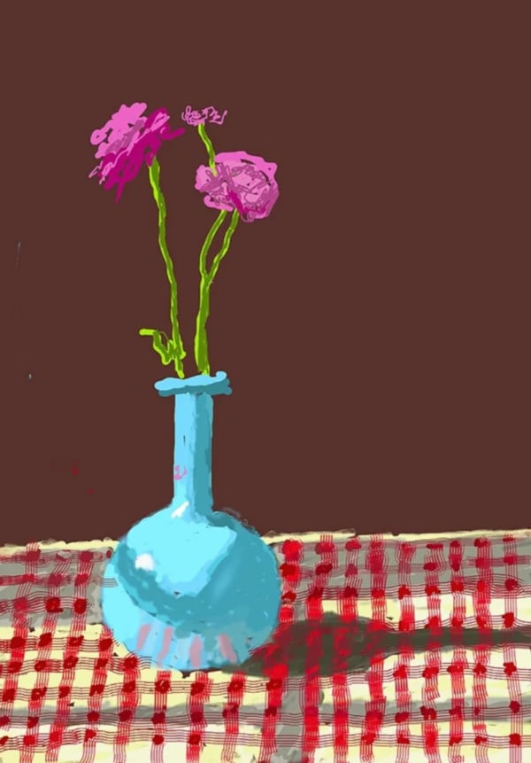 David Hockney, 28th February 2021, Roses in a Blue Vase, 2021