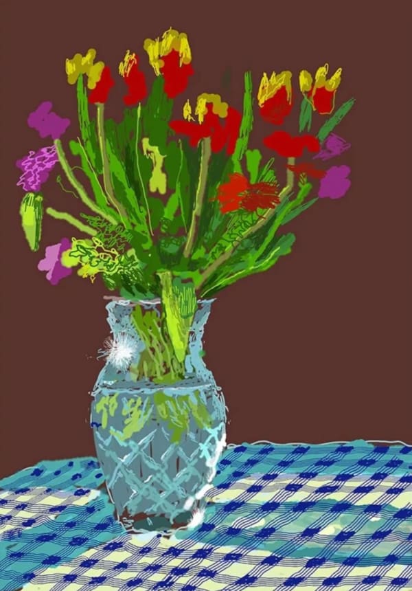 David Hockney, 24th February 2021, Red, Yellow and Purple Flowers on a Blue Tablecloth, 2021